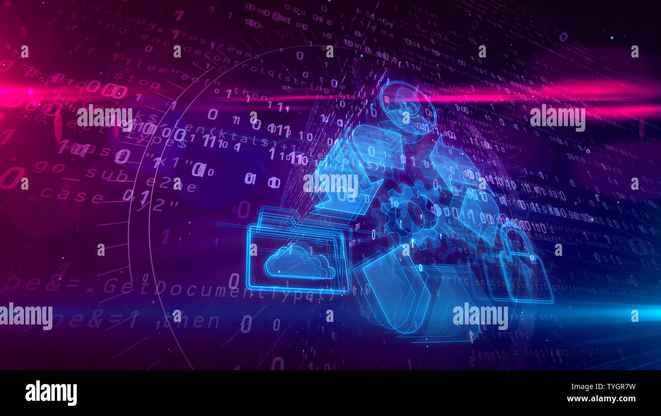 Gestion des données dynamiques hologramme sur fond futuriste. Concept moderne et futuriste de stockage des fichiers, la cybersécurité, l'ordinateur à l'aide de digital et p Banque D'Images