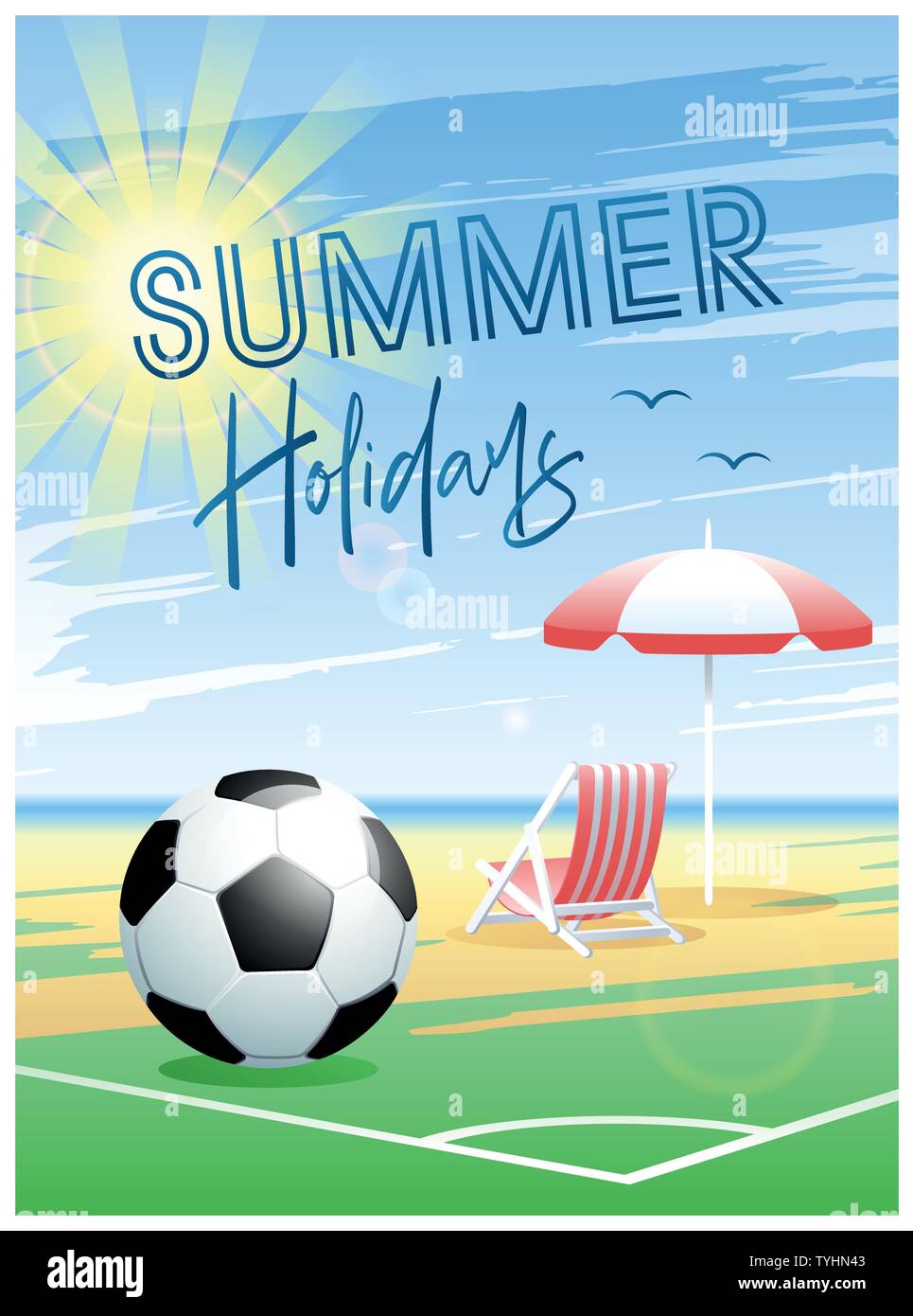 Vacances d'été. Carte de sport. Ballon de soccer avec transat et parasol sur la plage arrière-plan. Vector illustration. Illustration de Vecteur