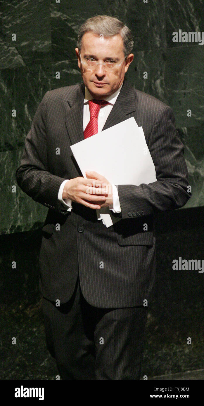 Alvaro Uribe Velez, président de la Colombie, s'adresse à la 62e session de l'Assemblée générale à l'Organisation des Nations Unies le 27 septembre 2007 à New York. (Photo d'UPI/Monika Graff) Banque D'Images