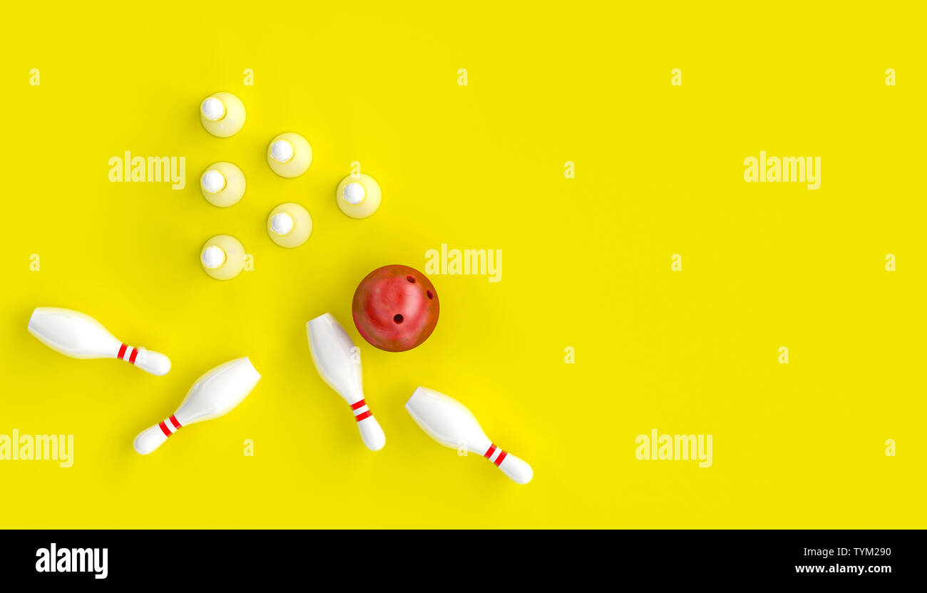 L'image de rendu 3d avec bowling, ball et quilles sur fond jaune, dans un style de mise à plat. Banque D'Images