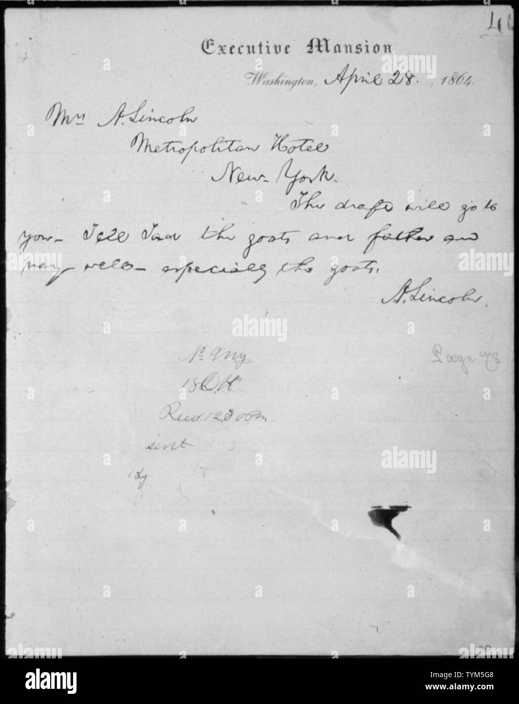 Télégramme du président Abraham Lincoln à Mme Lincoln, répondant à sa demande d'un projet de 50 $ et la nouvelle de leur jeune fils chèvres l'animal de compagnie à la Maison blanche ; notes générales : pièce historique : American Originals, Décembre 1996 - décembre 1997, Archives nationales Rotunda, Washington, DC, pièce no 624,0140. Banque D'Images