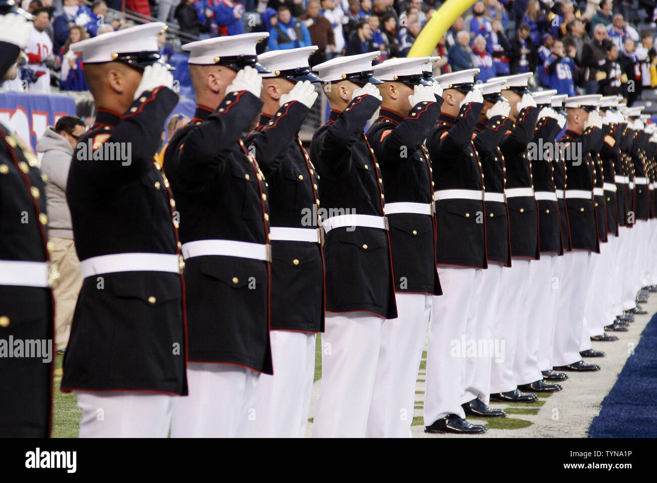 Les Marines américains salute o le domaine de l'hymne national avant les New York Giants jouer les Pittsburgh Steelers en semaine 9 de la NFL saison au stade MetLife à East Rutherford, New Jersey le 4 novembre 2012. UPI /John Angelillo Banque D'Images