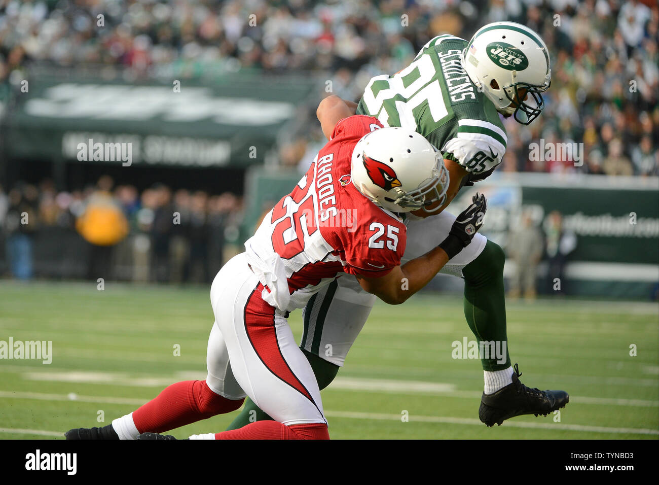 New York Jets Chaz Schilens wide receiver (85) porte le ballon pour un gain en cour 3 Arizona Cardinals gratuit à la Kerry Rhodes (25) défend au deuxième trimestre au cours de la semaine 13 de la saison NFL à MetLife Stadium à East Rutherford, New Jersey le 2 décembre 2012. UPI/Riche Kane Banque D'Images
