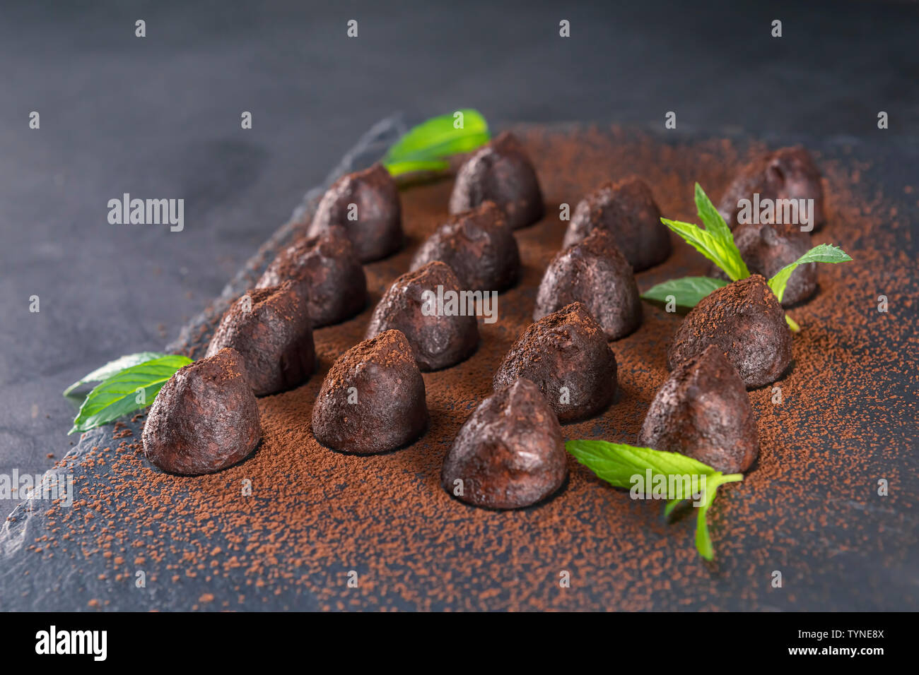 Truffes au chocolat maison à la menthe saupoudré de poudre de cacao sur ardoise. L'accent sur deuxième truffe en route. Banque D'Images