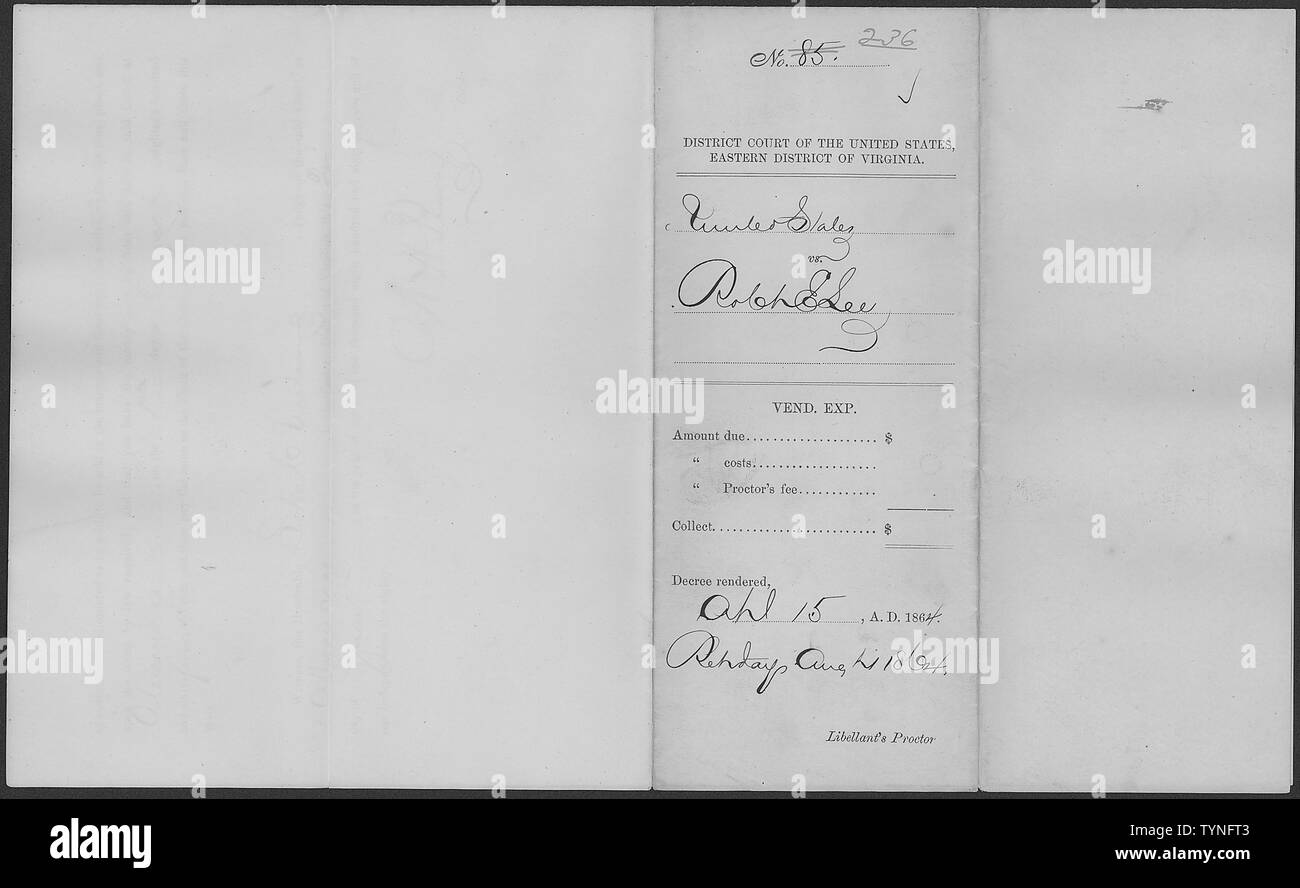 Venditioni Exponas déposée dans U.S. v. Tous les droits, titres, de Robert E. Lee (Robert E. Lee cas de confiscation) ; la portée et contenu : Cette venditioni exponas (Latin pour exposer à la vente) aux États-Unis commandes prévôt d'effectuer dix jours d'avis de la vente de biens personnels et vingt jours d'avis de la vente de l'immobilier dans l'affaire U.S. v. Tous les droits, titres, de Robert E. Lee. Il commande le prévôt de vendre les biens personnels et n'ont l'argent de la vente dans la cour à Alexandrie le 1 août 1864. Notes générales : Ce document a été déposé par William H. Barry, Greffier. Le rob Banque D'Images