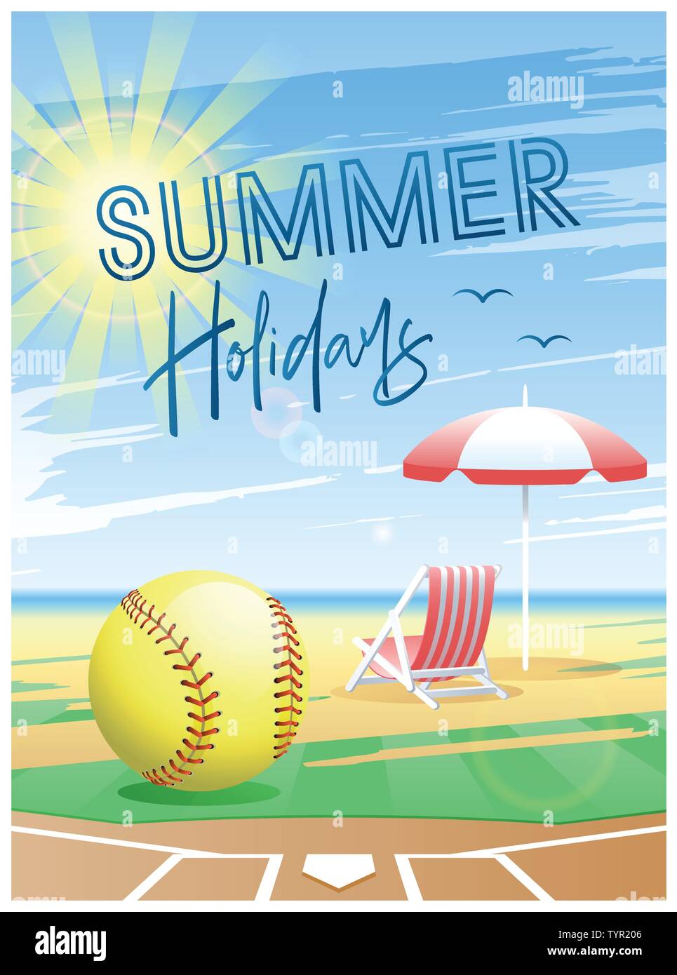 Vacances d'été. Carte de sport. Balle de softball avec transat et parasol sur la plage arrière-plan. Vector illustration. Illustration de Vecteur