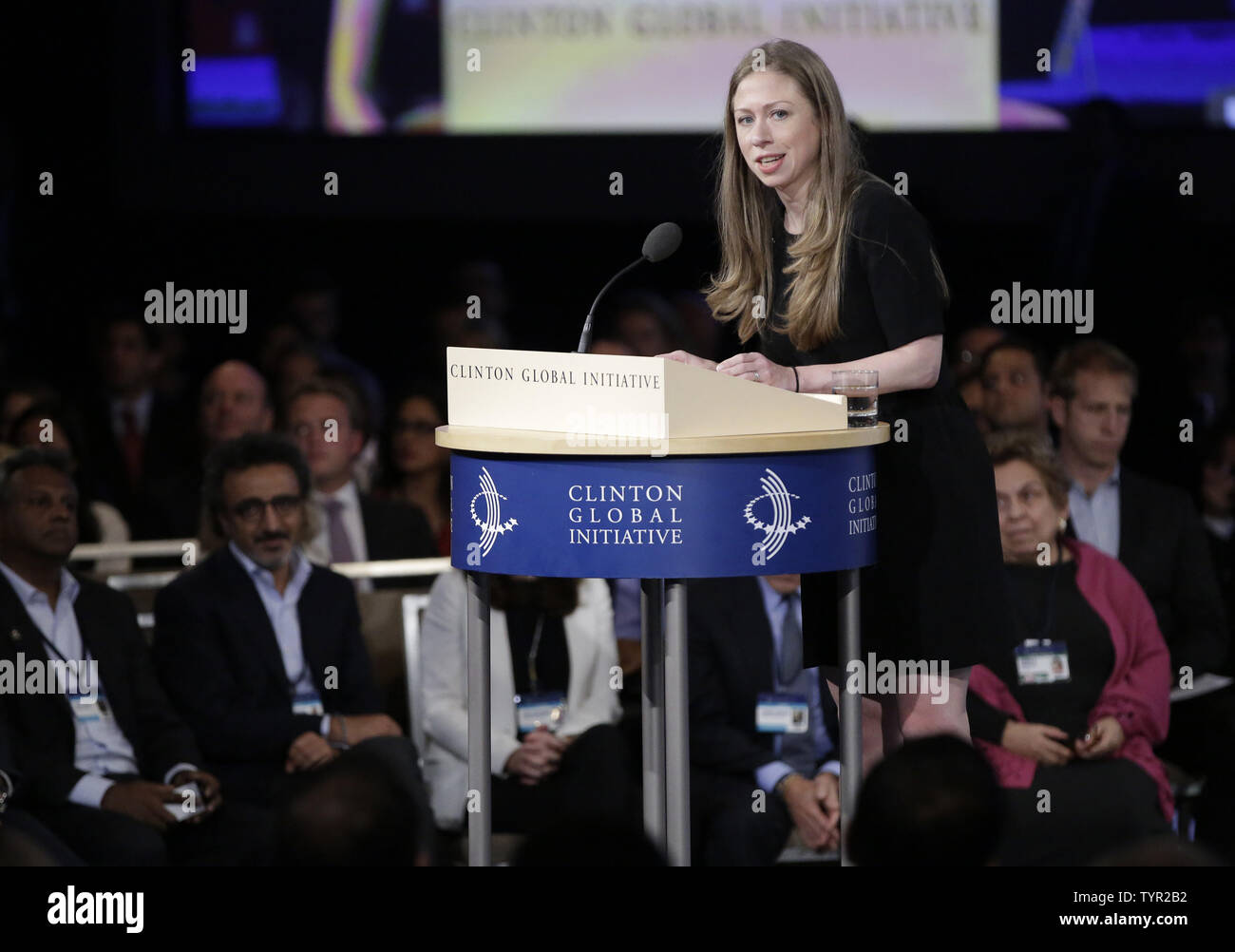 Chelsea Clinton parle sur scène lors de la Clinton Global Initiative à l'hôtel Sheraton de New York le 29 septembre 2015. Photo de John Angelillo/UPI Banque D'Images