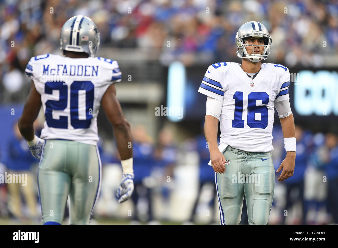 Dallas Cowboys Quarterback Matt Cassel (16) regarde le tableau d'après une pièce de théâtre comme running back Dallas Cowboys Darren McFadden (20) au cours du premier trimestre d'une semaine 7 de la saison NFL entre les Dallas Cowboys et les Giants de New York au Stade MetLife à East Rutherford, New Jersey le 25 octobre 2015. UPI/Riche Kane Banque D'Images Dallas Cowboys Quarterback Matt Cassel (16) regarde le tableau d'après une pièce de théâtre comme running back Dallas Cowboys Darren McFadden (20) au cours du premier trimestre d'une semaine 7 de la saison NFL entre les Dallas Cowboys et les Giants de New York au Stade MetLife à East Rutherford, New Jersey le 25 octobre 2015. UPI/Riche Kane Banque D'Images