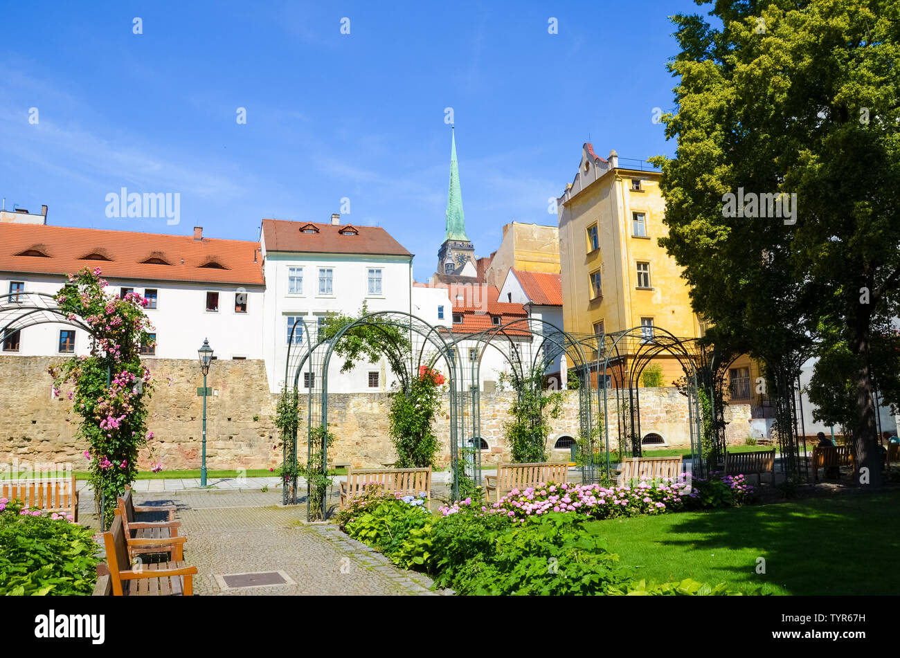 Les bâtiments historiques dans le centre-ville avec la Cathédrale de Saint Barthélémy photographiés de green park adjacent dans Krizikovy sady, Pilsen, République tchèque. Plzen, dans l'ouest de la Bohême. Banque D'Images