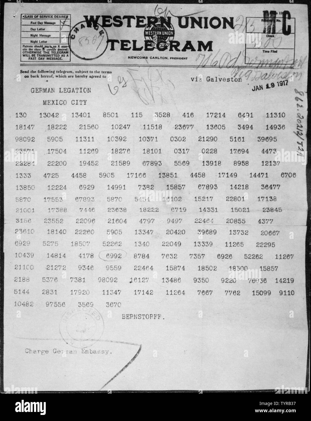 Télégramme Zimmermann comme reçu par l'ambassadeur allemand au Mexique ; la portée et contenu : ce télégramme a été envoyé par le Ministre allemand des affaires étrangères Arthur Zimmermann au Président du Mexique proposant une alliance militaire contre les États-Unis. En échange de l'appui du Mexique dans la guerre, l'Allemagne s'aider le Mexique à retrouver au Nouveau-Mexique, au Texas et en Arizona aux États-Unis. Les Britanniques ont intercepté le message secret, il a déchiffré, et remis au gouvernement américain. Banque D'Images