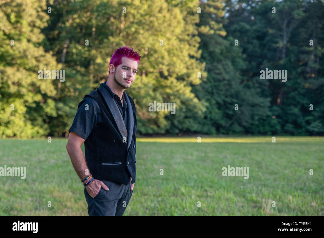 Diverses alternatives - mâle noir, rose à cheveux appareil photo. Heureux et chaleureux sourire. Punk rocker à l'extérieur dans la nature - prix pour le co Banque D'Images
