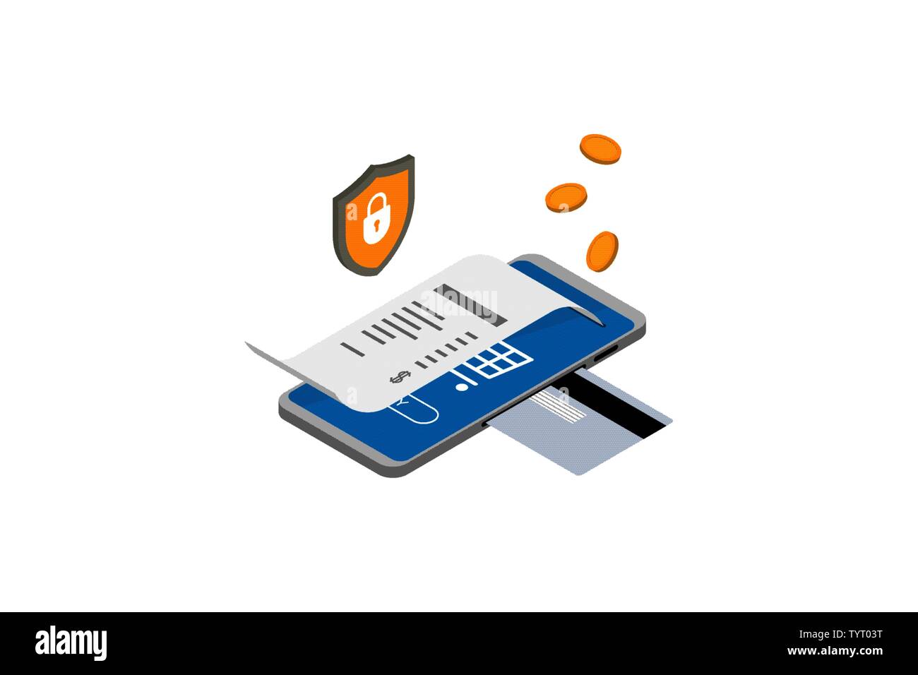 Transaction d'achat en ligne isométrique avec concept de reçu. Facture électronique numérique pour les services bancaires mobiles sur Internet. Illustration du paiement par vecteur d'argent avec protection par carte de crédit Illustration de Vecteur