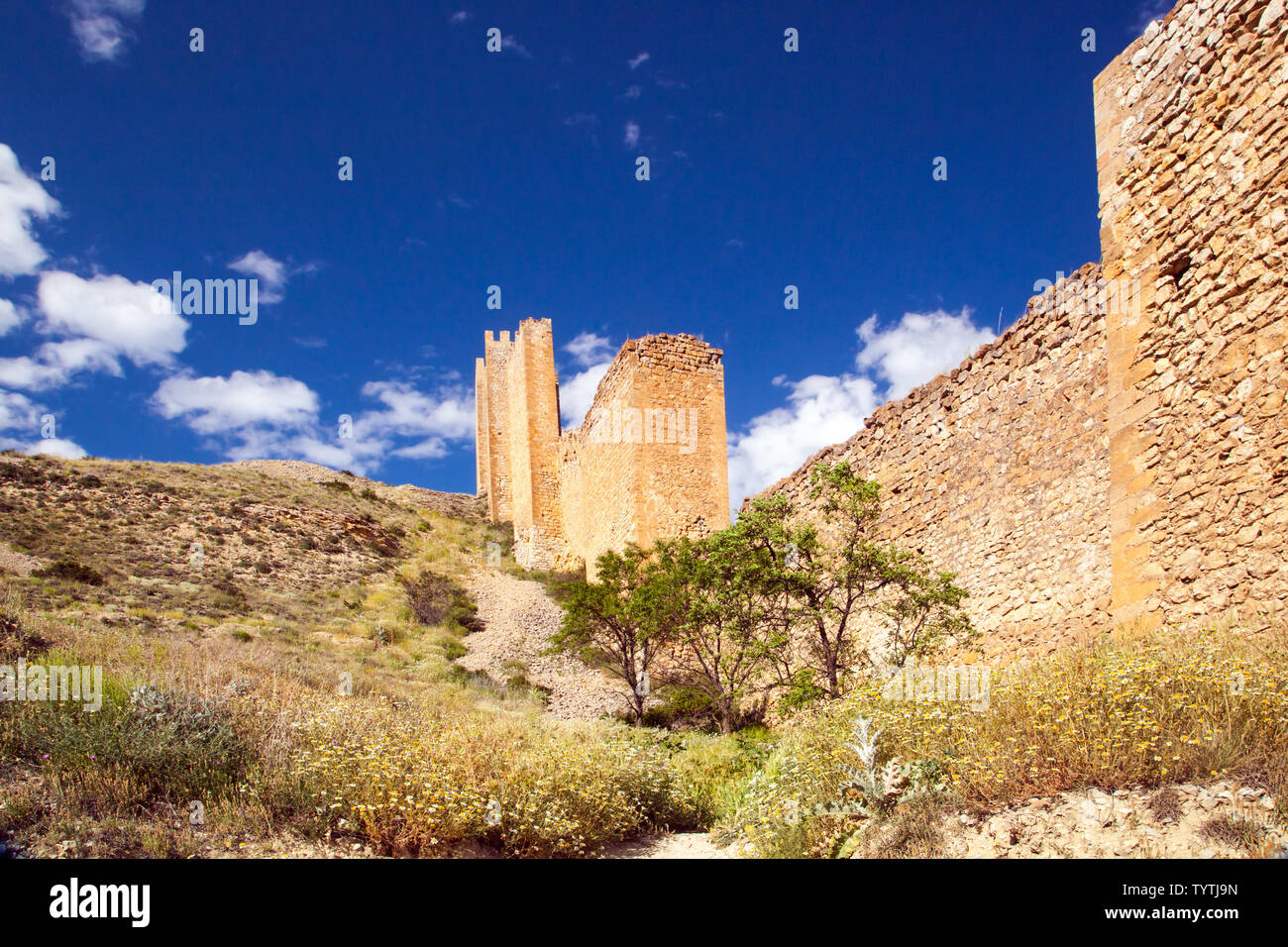 Vue sur la cité médiévale fortifiée / murs de ville dans la ville d'Albarracin mauresque espagnol dans les Montes Universales Aragon Espagne Banque D'Images