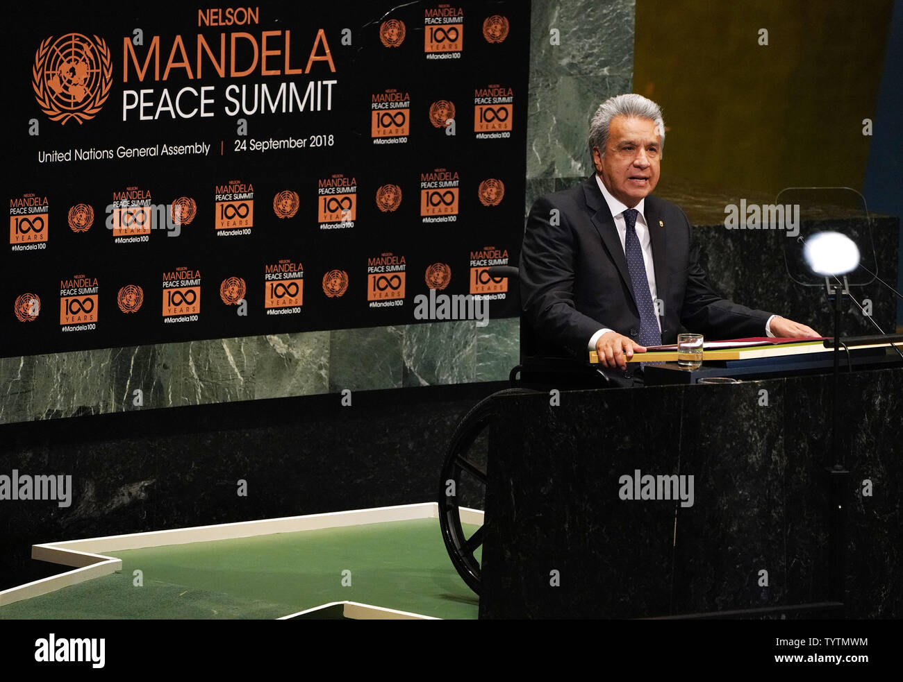 S.e. M. Lenin Moreno Garces, Président de la République de l'Équateur parle à la Nelson Mandela Paix Sommet lors de la 73e débat général à l'Assemblée générale des Nations Unies au Siège des Nations Unies à New York City le 24 septembre 2018. Photo par Jemal Countess/UPI Banque D'Images