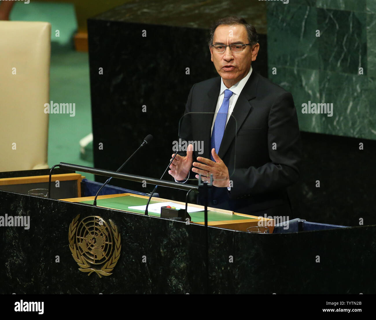 Vizcarra Martin Cornejo, président du Pérou, prend la parole à la 73e débat général à l'Assemblée générale des Nations Unies au Siège des Nations Unies à New York City le 25 septembre 2018. Monika Graff/UPI Banque D'Images