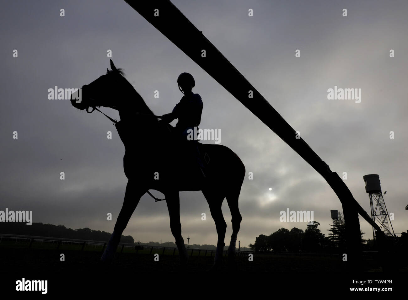 Les chevaux s'entraîner sur la piste en début de matinée à Belmont Park le jeudi précédant la 151e exécution de la Belmont Stakes Elmont dans New York le 6 juin 2019. Photo de John Angelillo/UPI Banque D'Images