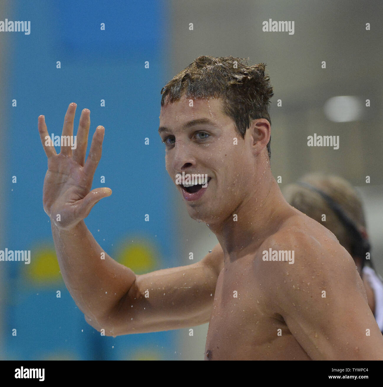 Pieter Timmers de Belgique réagit après la baignade sa chaleur dans le le 100 m nage libre aux Jeux Olympiques d'été de 2012 à Londres le 31 juillet 2012 à Stratford, Londres. Timmers a terminé avec un temps de 48,54 dans sa course, se qualifiant pour la demi-finale. UPI/Brian Kersey Banque D'Images
