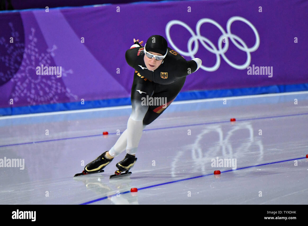 Claudia Pechstein de l'Allemagne dans les dames 3000m en patinage de vitesse lors de la finale des Jeux Olympiques d'hiver de 2018 à Pyeongchang, à l'ovale à Gangneung Gangneung, Corée du Sud, le 10 février 2018. Photo de Richard Ellis/UPI Banque D'Images