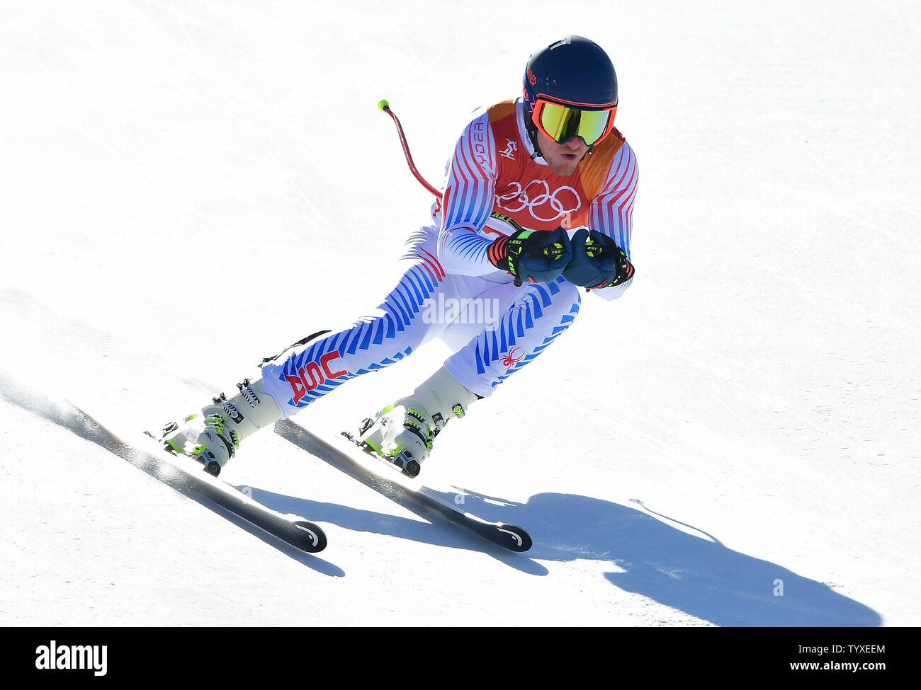 Ted Ligety américain est en concurrence dans la descente du combiné alpin masculin au cours de l'hiver 2018 de Pyeongchang Jo à Pyeongchang, Corée du Sud, le 13 février 2018. Photo par Kevin Dietsch/UPI Banque D'Images