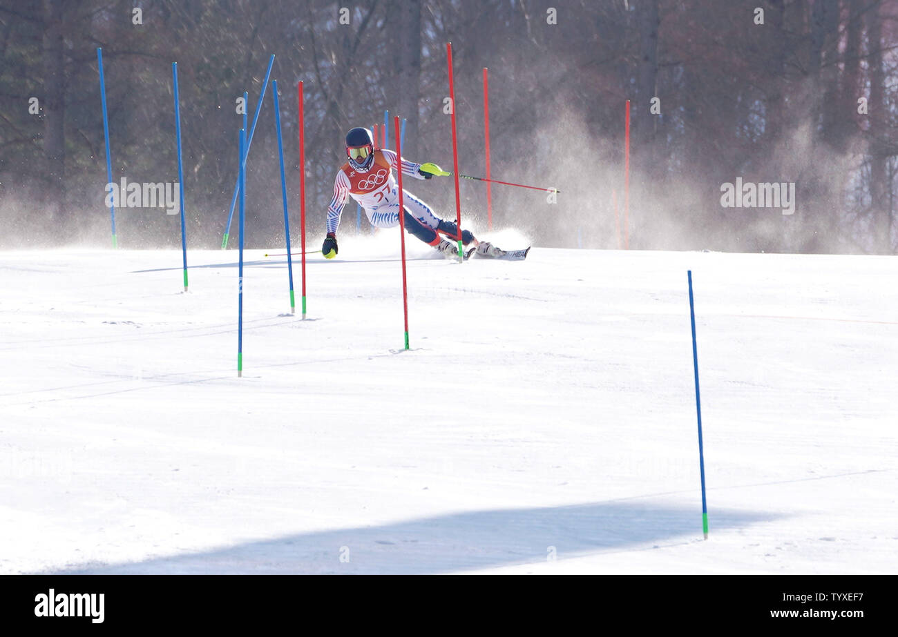 Ted Ligety américain participe à la partie slalom alpin masculin de la moissonneuse-batteuse au Jeux Olympiques d'hiver de Pyeongchang 2018 à Pyeongchang, Corée du Sud, le 13 février 2018. Photo par Kevin Dietsch/UPI Banque D'Images