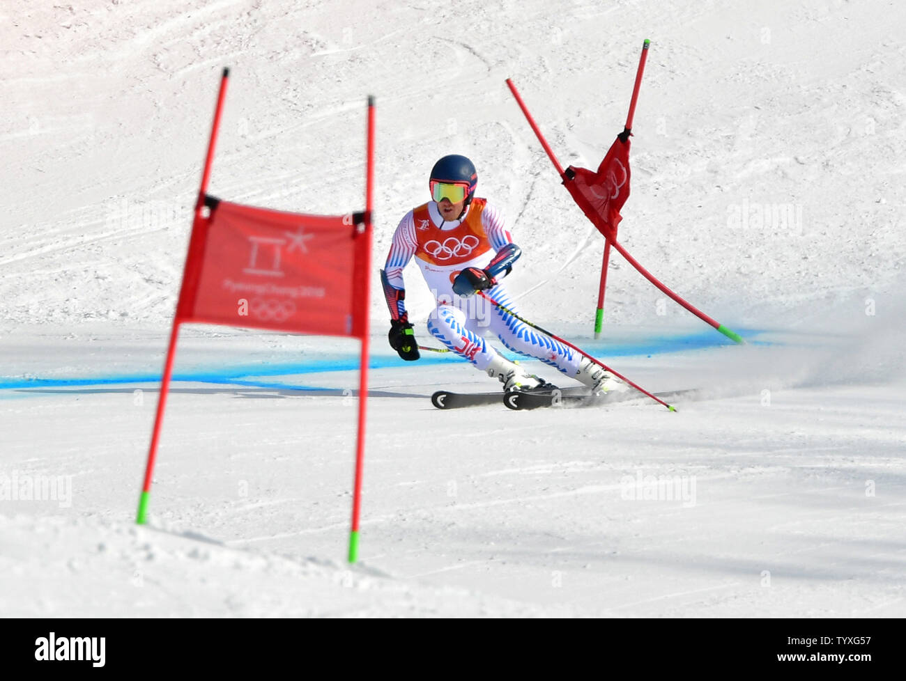 Ted Ligety américain participe à la Men's Alpine Slalom géant aux Jeux Olympiques d'hiver de Pyeongchang 2018 à Pyeongchang, Corée du Sud, le 18 février 2018. Photo par Kevin Dietsch/UPI Banque D'Images