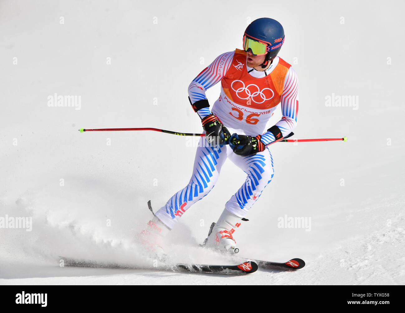Cochran-Siegle américain Ryan participe à la Men's Alpine Slalom géant aux Jeux Olympiques d'hiver de Pyeongchang 2018 à Pyeongchang, Corée du Sud, le 18 février 2018. Photo par Kevin Dietsch/UPI Banque D'Images