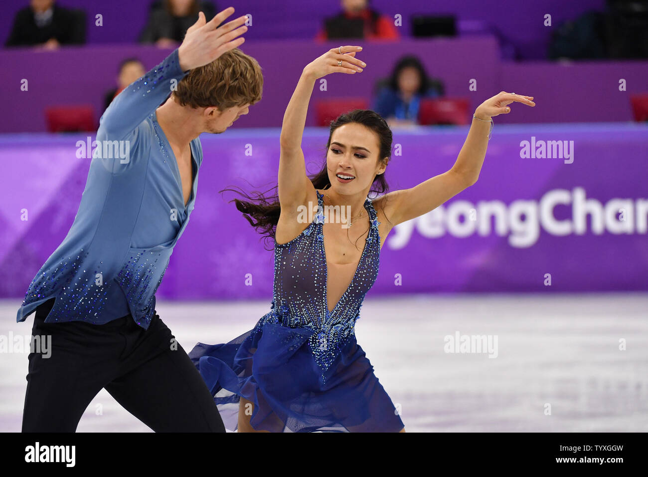 Madison caler et Evan Bates, des USA en compétition en Danse Danse libre au cours de la finale des Jeux Olympiques d'hiver de 2018 à Pyeongchang, à l'Ice Arena à Gangneung Gangneung, Corée du Sud, le 20 février 2018. La paire a remporté la médaille d'argent à l'événement. Photo de Richard Ellis/UPI Banque D'Images