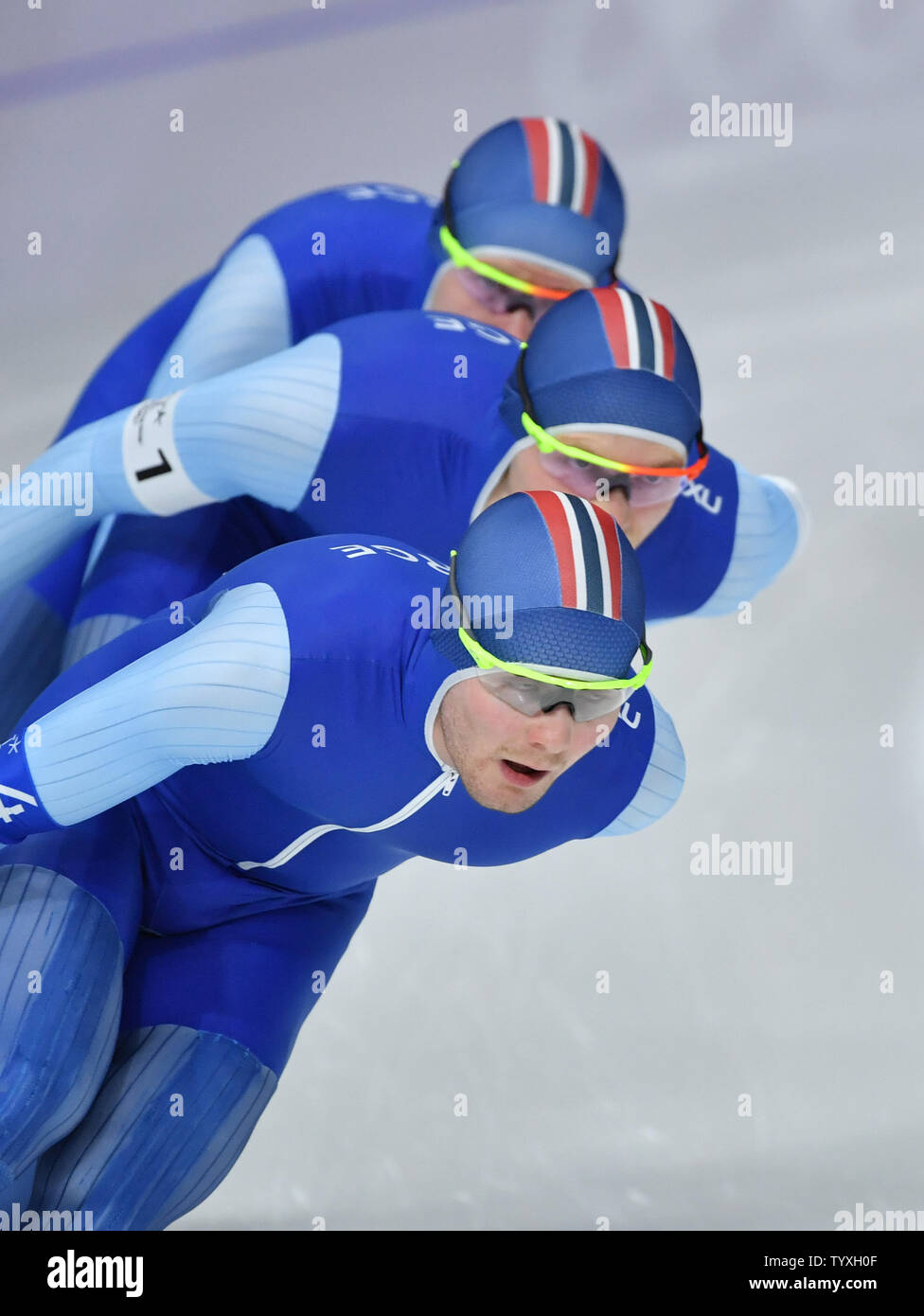 La Norvège participe à l'équipe de patinage de vitesse Hommes Poursuite par équipe lors de la finale des Jeux Olympiques d'hiver de 2018 à Pyeongchang, à l'ovale à Gangneung Gangneung, Corée du Sud, le 21 février 2018. La Norvège a remporté la médaille d'or de la Corée du Sud, l'argent et les Pays-Bas a remporté le bronze. Photo de Richard Ellis/UPI Banque D'Images