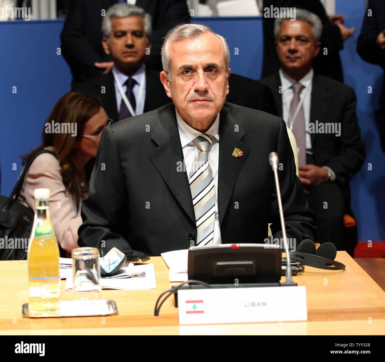 Récemment élu Président du Liban, Michel Suleiman participant à la sommet méditerranéen à Paris le 13 juillet 2008. Quarante-trois pays de la Méditerranée, y compris Israël et les États arabes, sont présents au sommet ; l'un des principaux sujets discutés est de créer une arme de destruction massive dans la Méditerranée. (Photo d'UPI/Dalati & Nohra) Banque D'Images