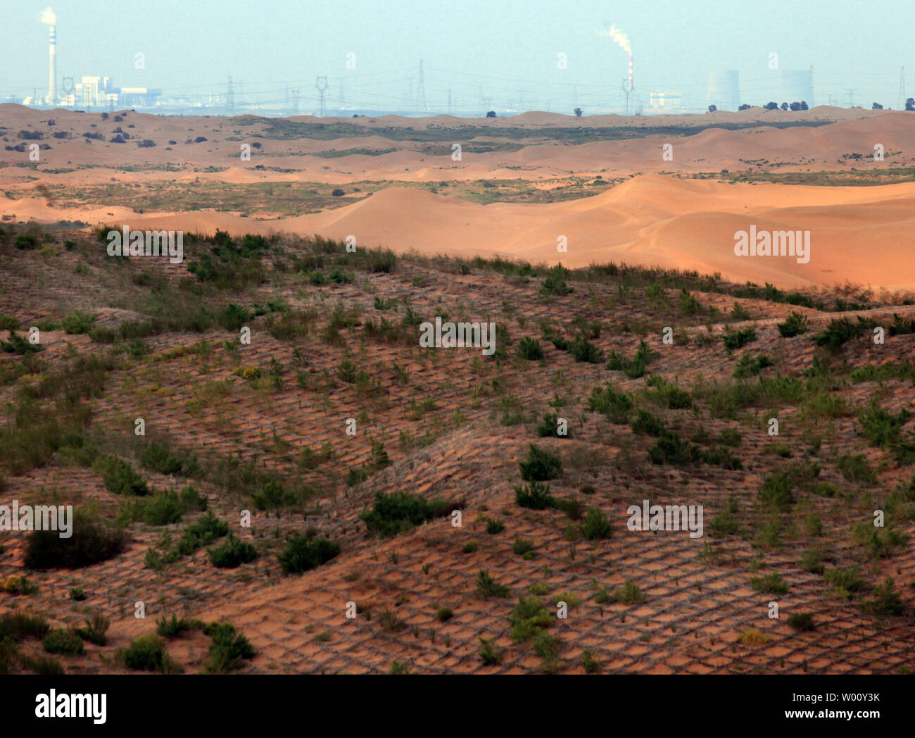 Sand dunes empiètent sur le Baijitan-sable de contrôle des exploitations agricoles dans la région de Lingwu, ville située à l'extrémité sud-ouest de l'Maowusu désert dans le nord-ouest de la province de la région autonome du Ningxia Hui, le 23 septembre 2011. L'empiéter les sables du désert a forcé la ville à développer et construire un 'livre vert' de l'écran de protection de la végétation et des arbres. Un haut fonctionnaire chinois a déclaré qu'il faudra 300 ans pour faire reculer l'avancement du pays déserts au rythme de progression actuel. Plus d'un quart de la Chine est soit couvert par le désert ou est une terre qui souffre de désertification agressif. UPI/St Banque D'Images