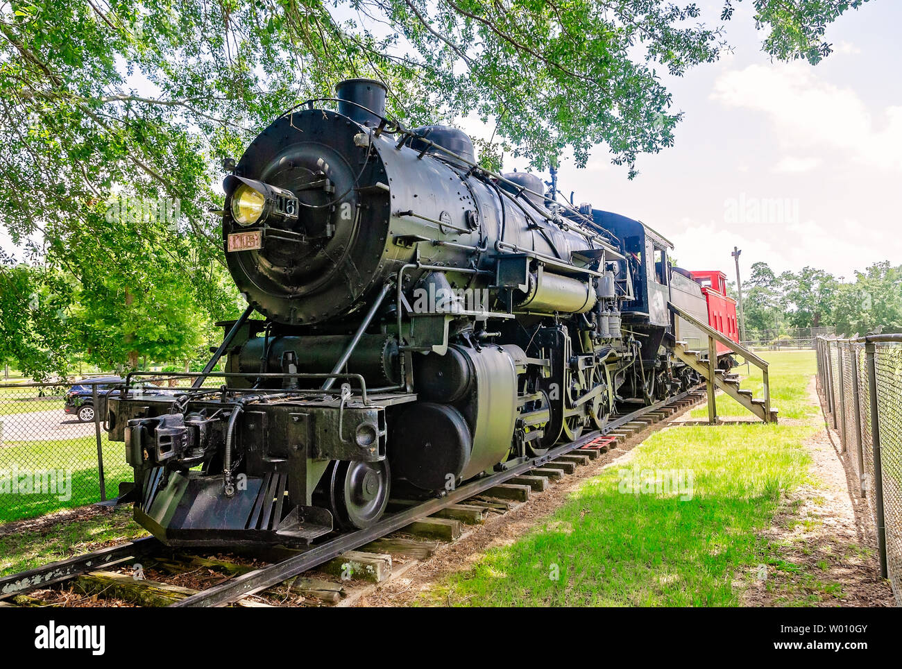 Une locomotive à vapeur Baldwin 1917 de la Susquehanna et New York Railroad ligne est affichée à l'Highland Park, le 23 juin 2019, à Meridian, Mississippi. Banque D'Images