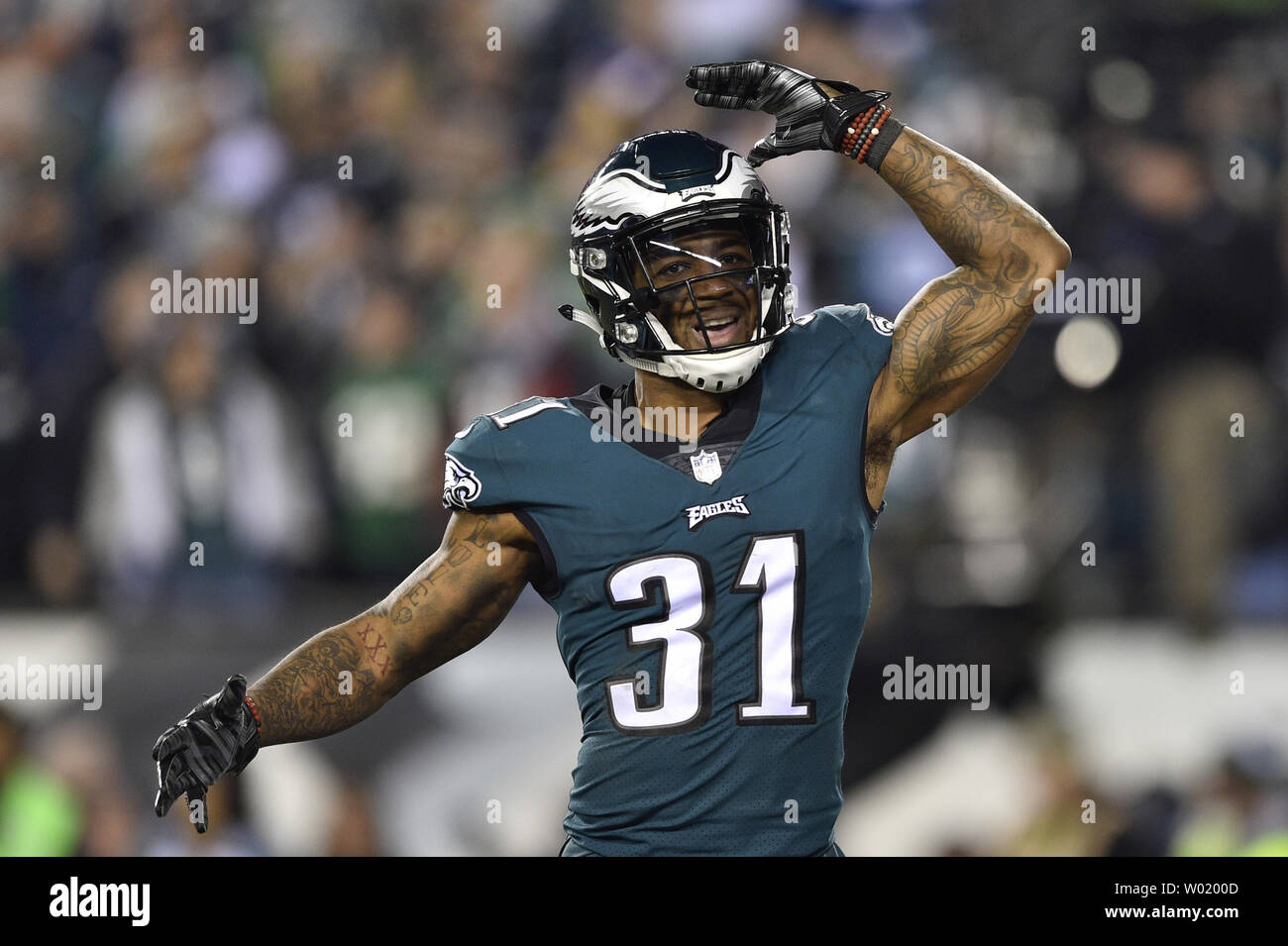 Philadelphia Eagles Jalen évoluait Mills (31) réagit après une interception au cours du quatrième trimestre de la NFC Championship contre les Vikings du Minnesota au Lincoln Financial Field à Philadelphie le 21 janvier 2018. L'Eagles défait les Minnesota Vikings 38-7 à l'avance pour le Super Bowl contre les New England Patriots. Photo par Derik Hamilton/UPI Banque D'Images