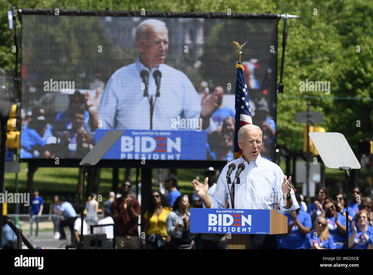Ancien Vice-président américain Joe Biden fait de remarques au cours d'une campagne de lancement du rassemblement à Philadelphie, Pennsylvanie, le 18 mai 2019. Biden se joint à un champ de 23 candidats démocrates dans la course présidentielle de 2020 contre le président républicain sortant, Donald Trump. Photo de Mike Theiler/UPI. Banque D'Images