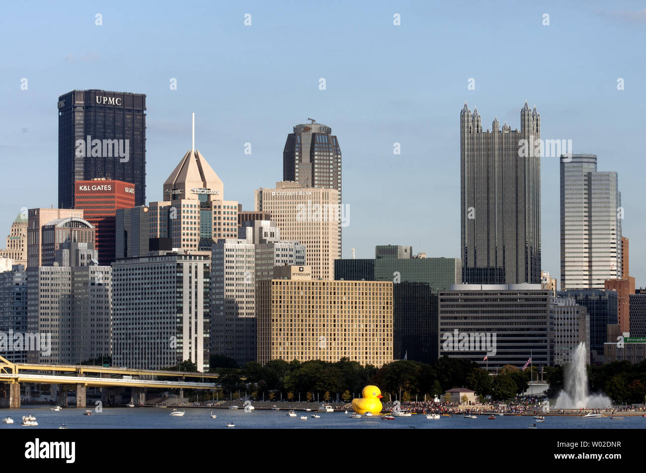 La première version américaine de la 40-foot-tall rubber duck prend sa place dans la ville de Pittsburgh à la confluence des rivières Allegheny et Monongahela, qui devient la rivière Ohio, 28 Septembre, 2013. Le projet Buck en caoutchouc est la création d'artiste Florentijun Hofman des Pays-Bas et fait partie de la Pittsburgh Cultural Trust Festivals internationaux de premier. UPI/Archie Carpenter Banque D'Images