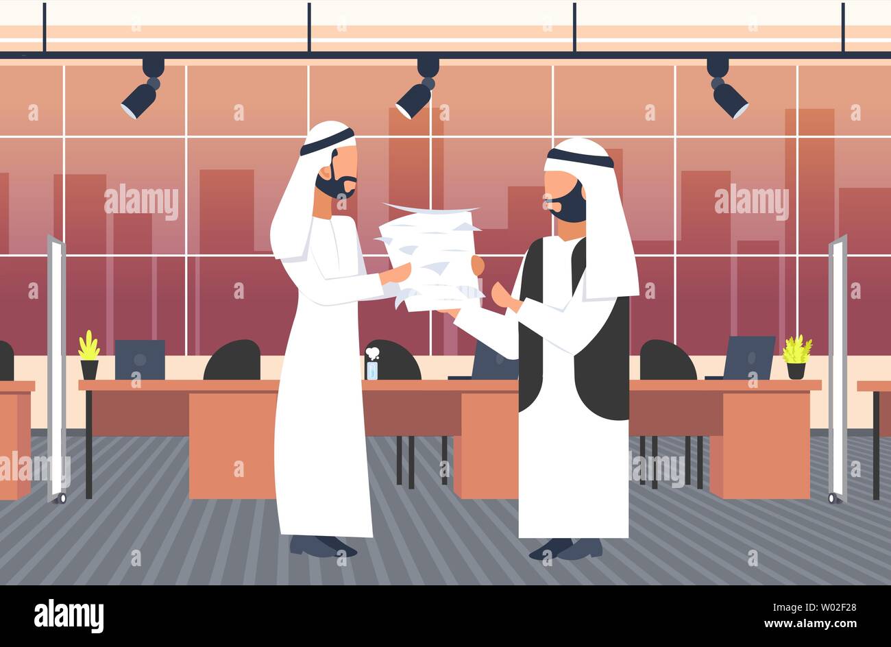 Arabe surchargés de businessman carrying pile documents papier à patron arabe date limite hard working documents processus créatif concept centre co-working Illustration de Vecteur