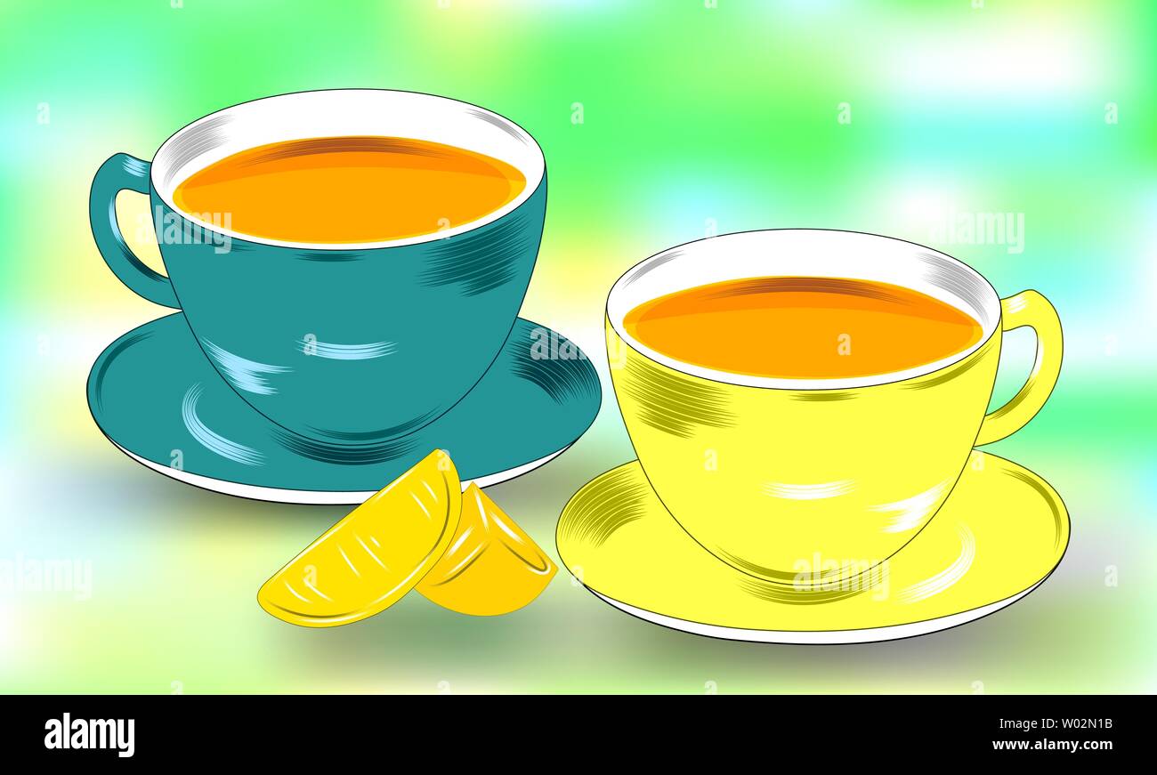 Dessin plat d'une fête de thé. Tranches de citron, durée de vie de deux tasses et soucoupes. Les tasses sont remplies de thé. Vecteur Illustration de Vecteur