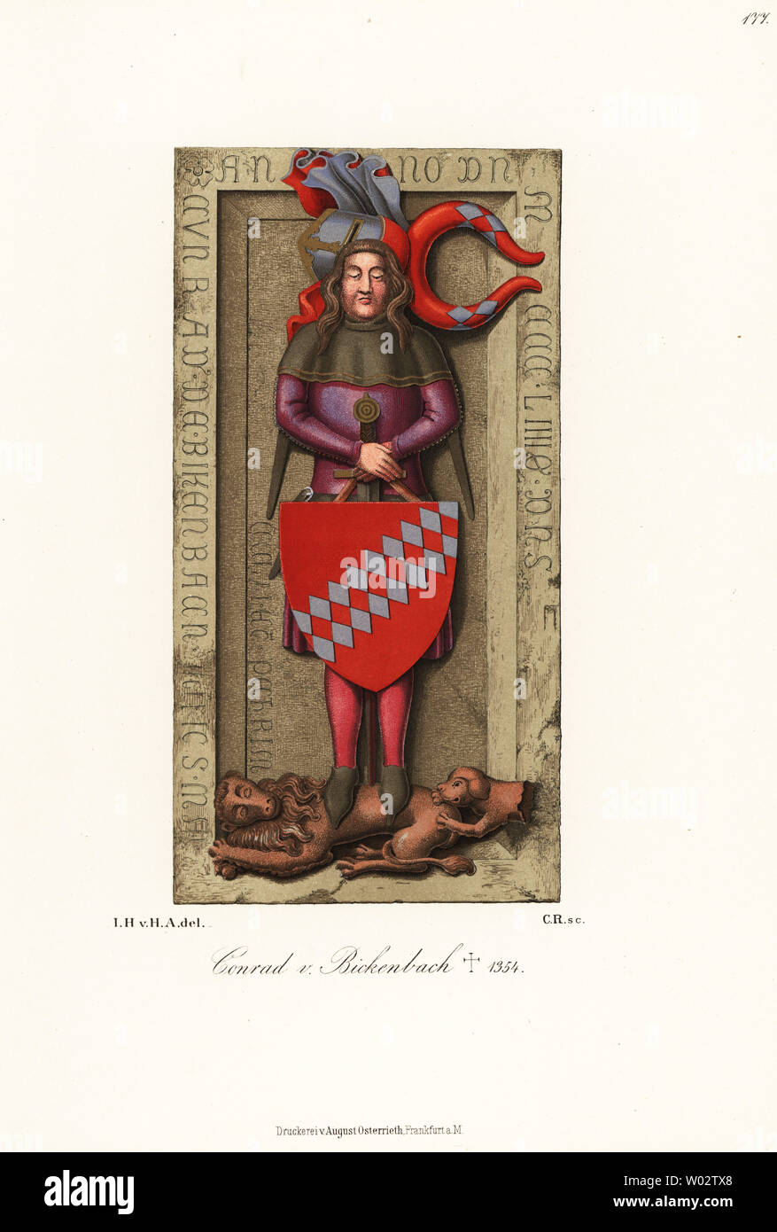 Conrad III ou Konrad III von Bickenbach, 1298-1354. Avec une grande barre et armoiries sur un écusson. Chromolithographie de Hefner-Alteneck les costumes, Œuvres et appareils du Moyen-Âge au 17ème siècle, Francfort, 1889. Illustration par le Dr Jakob Heinrich von Hefner-Alteneck, lithographiée par C.R. Le Dr Hefner-Alteneck (1811 - 1903), était un conservateur de musée, archéologue, historien de l'art, illustrateur et graveur. Banque D'Images