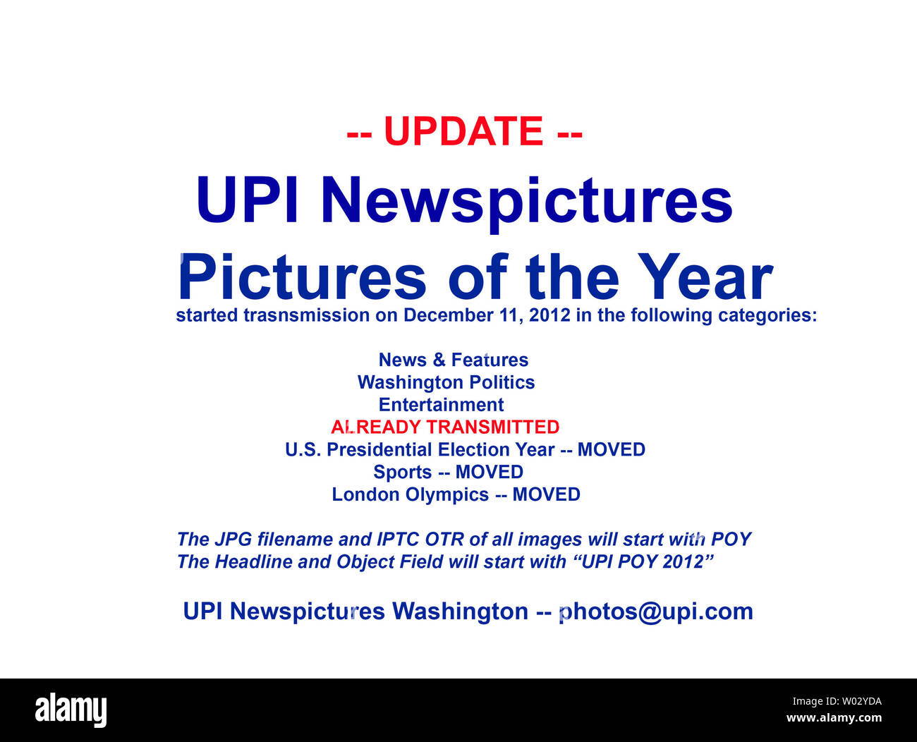 UPI Newspictures a transmis une 2012 Photos de l'année catégories depuis le mardi, 11 Décembre 2012 : Année d'élection présidentielle, des Sports et Jeux Olympiques de Londres. Encore à venir sont nouvelles et reportages, la politique de Washington, et de divertissement. Images dans chaque catégorie seront mis à jour tout au long de la fin de l'année. Le fichier JPG et toutes les images de l'OTR IPTC commencera avec POY. Le titre et le champ de l'objet commence par 'UPI POY 2012'. Je vous remercie, UPI Washington Banque D'Images