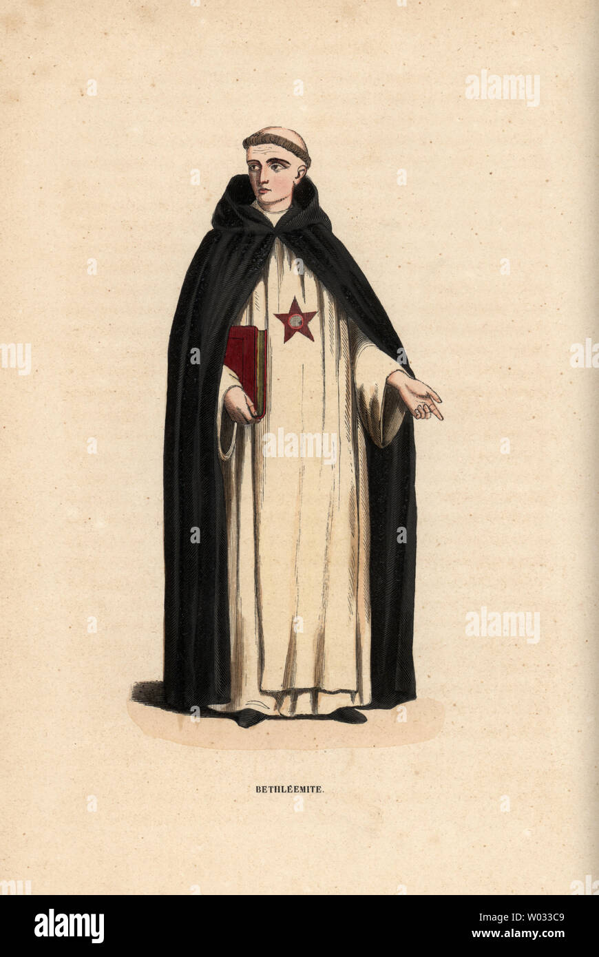 Moine de l'Ordre des franciscains, Bethléhémite Bethleemites. Gravure sur bois coloriée après une illustration par Jacques Charles Abbé de Tiron's Bar Histoire et Costumes des Ordres Religieux, Librairie Historique-Artistique, Bruxelles, 1845. Banque D'Images