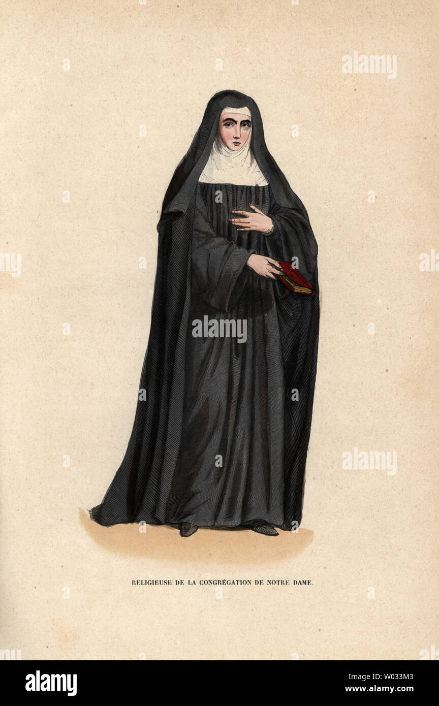 Nun des chanoinesses de Saint-Augustin de la Congrégation de Notre-Dame, fondée en 1597 par Alix le Clerc, religieuse de la Congrégation de Notre-Dame. Gravure sur bois coloriée après une illustration par Jacques Charles Abbé de Tiron's Bar Histoire et Costumes des Ordres Religieux, Librairie Historique-Artistique, Bruxelles, 1845. Banque D'Images