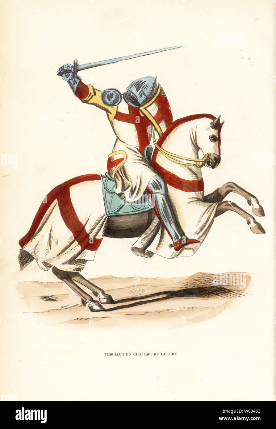 Chevalier de l'Ordre des Templiers en costume de bataille, Templier en costume de guerre. Gravure sur bois coloriée après une illustration par Jacques Charles Abbé de Tiron's Bar Histoire et Costumes des Ordres Religieux, Librairie Historique-Artistique, Bruxelles, 1845. Banque D'Images