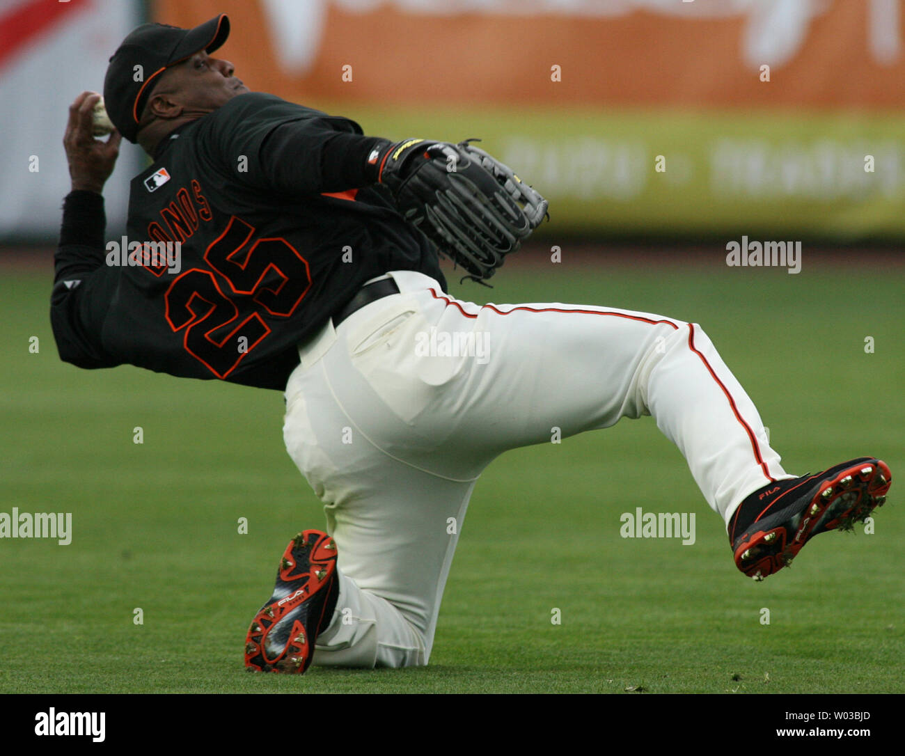Le voltigeur des Giants de San Francisco Barry Bonds lance la balle à l'avant-champ de son genou au cours de la Ligue des cactus géants match contre les Diamondbacks de l'Arizona à Scottsdale Stadium à Scottsdale, Arizona, 22 mars 2007. (Photo d'UPI/Art Foxall) Banque D'Images