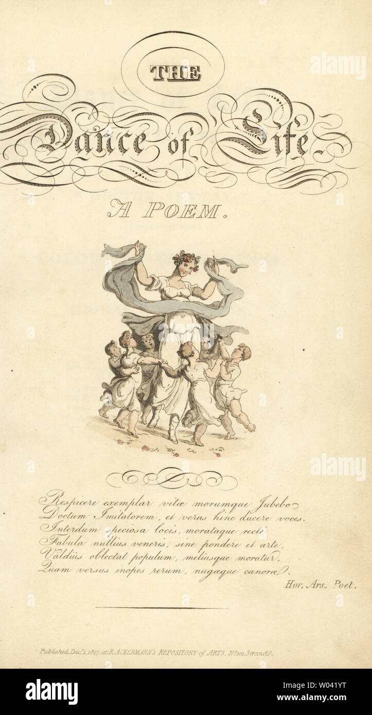 Page de titre avec vignette de titre et calligraphiques femme danse avec les enfants. La gravure sur cuivre coloriée après une illustration par Thomas ROWLANDSON de William Coombe est la danse de la vie, Rudolph Ackermann, Londres, 1817. Banque D'Images
