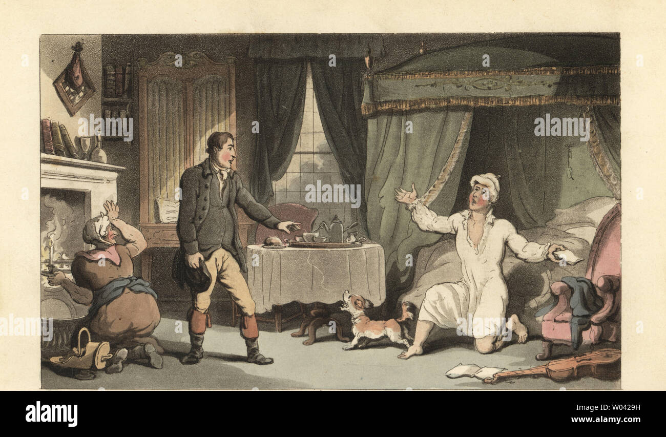 Gentleman anglais en robe de nuit et la réception d'une lettre de sa  famille. Serviteur et servante tendant la cheminée. La gravure sur cuivre  coloriée après une illustration par Thomas ROWLANDSON de