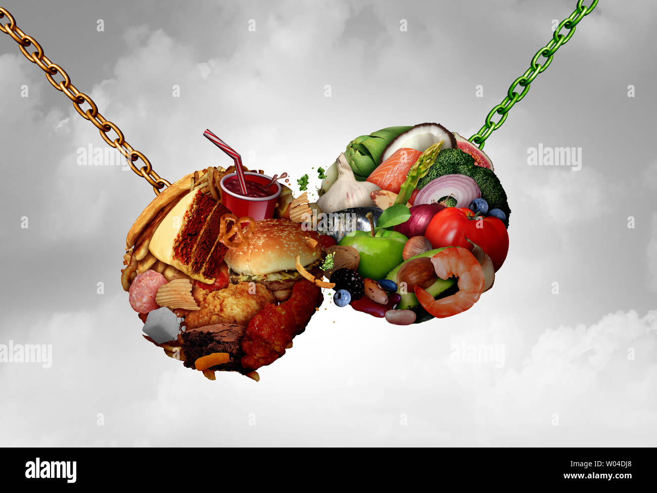 Concept alimentaire Nutrition lutte comme frais sain ingrédients biologiques la lutte contre une mauvaise restauration rapide comme une bataille avec un choix de repas de combat 3D illustration Banque D'Images