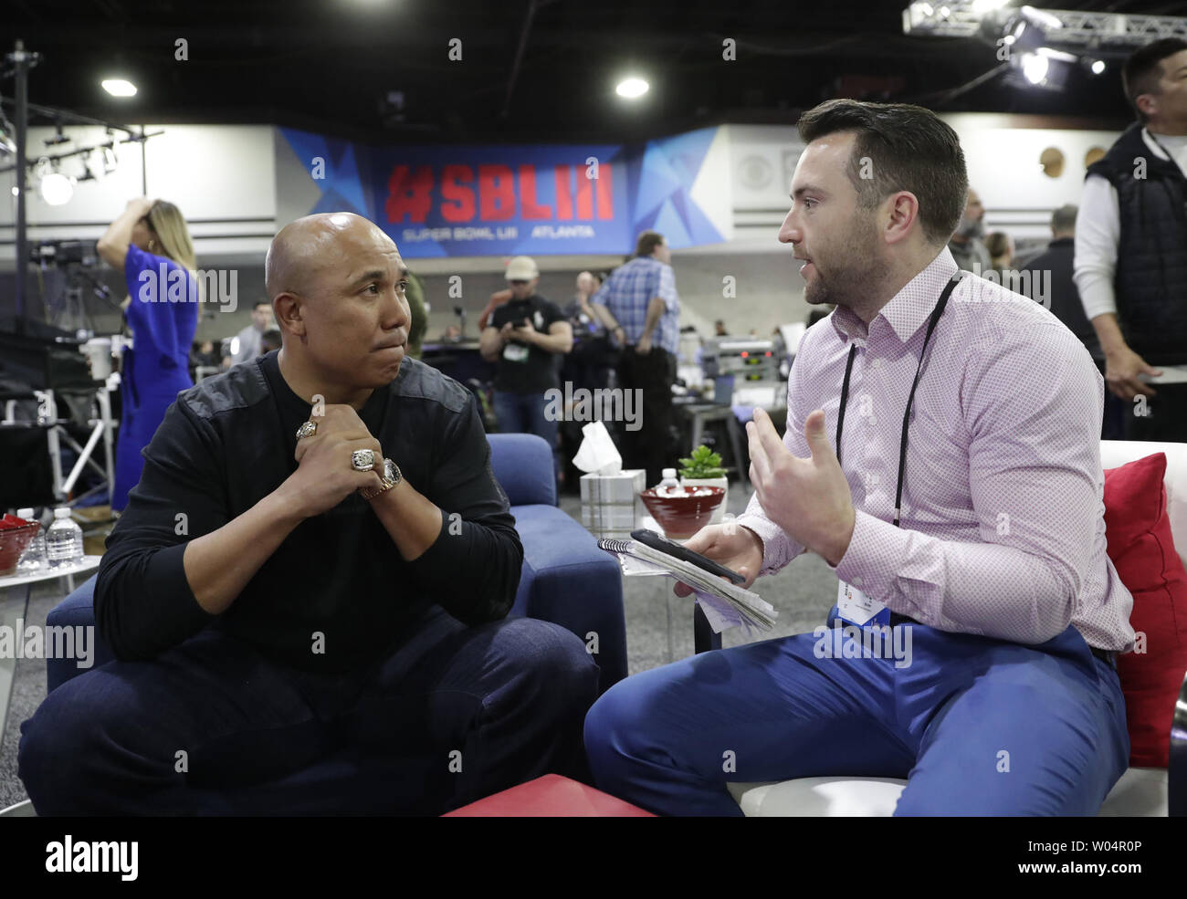 Steelers de Pittsburgh a pris sa retraite le receveur Hines Ward donne une interview au Georgia World Congress Center 4 jours avant le Super Bowl XVI/B le 31 janvier 2019 à Atlanta. Le Los Angeles Rams jouera les New England Patriots au Super Bowl LIII de Mercedes-Benz Stadium le Dimanche, Février 3. Photo de John Angelillo/UPI Banque D'Images