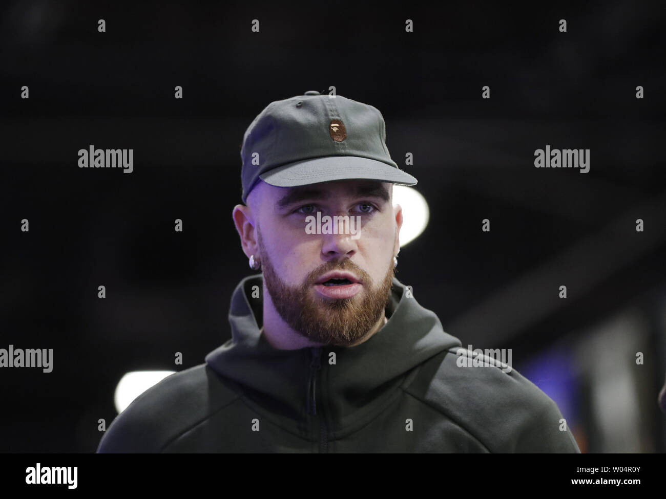 Kansas City Chiefs tight end Travis Kelce donne une interview au Georgia World Congress Center 4 jours avant le Super Bowl XVI/B le 31 janvier 2019 à Atlanta. Le Los Angeles Rams jouera les New England Patriots au Super Bowl LIII de Mercedes-Benz Stadium le Dimanche, Février 3. Photo de John Angelillo/UPI Banque D'Images