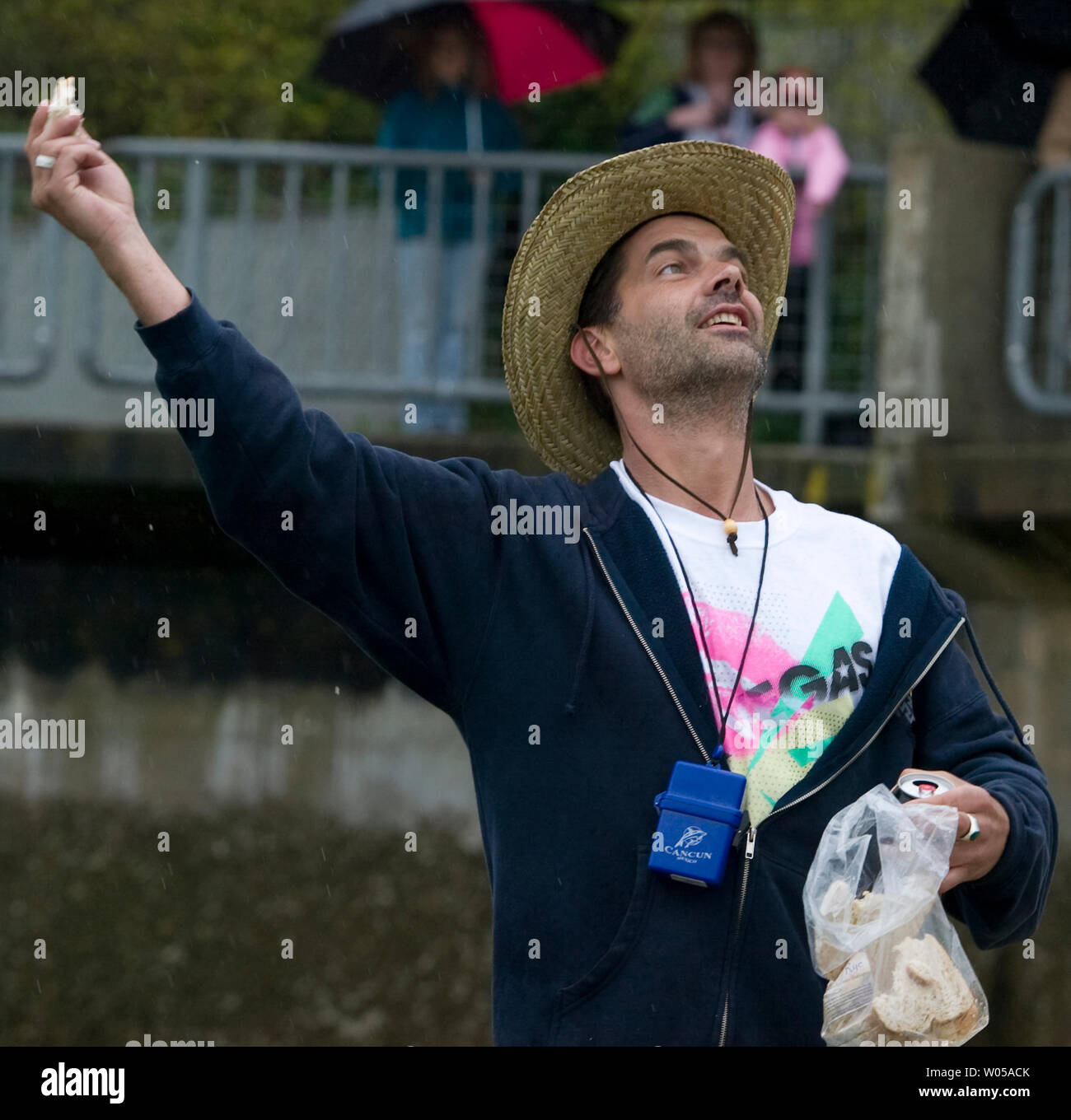 David Yates attire les mouettes avec du pain utilisé comme appât lors de la 20e édition du concours d'appel Seagull à Port Orchard, Washington le 3 mai 2008. Près de 50 participants, certains vêtus de costumes loufoques et chapeaux, inscrit à l'occasion de se ruent sur les battures de Sinclair Inlet et rivalisent pour le titre de "Meilleur appelant Seagull dans le pays.' (UPI Photo/Jim Bryant) Banque D'Images