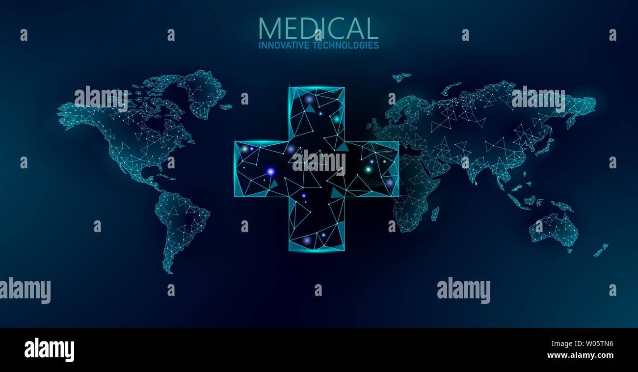 La médecine dans le monde entier livraison pharmacie. Expédition mondiale service pharmacie mobile app. Carte du monde de la technologie moderne de soins de santé. Résumé poly bas Illustration de Vecteur