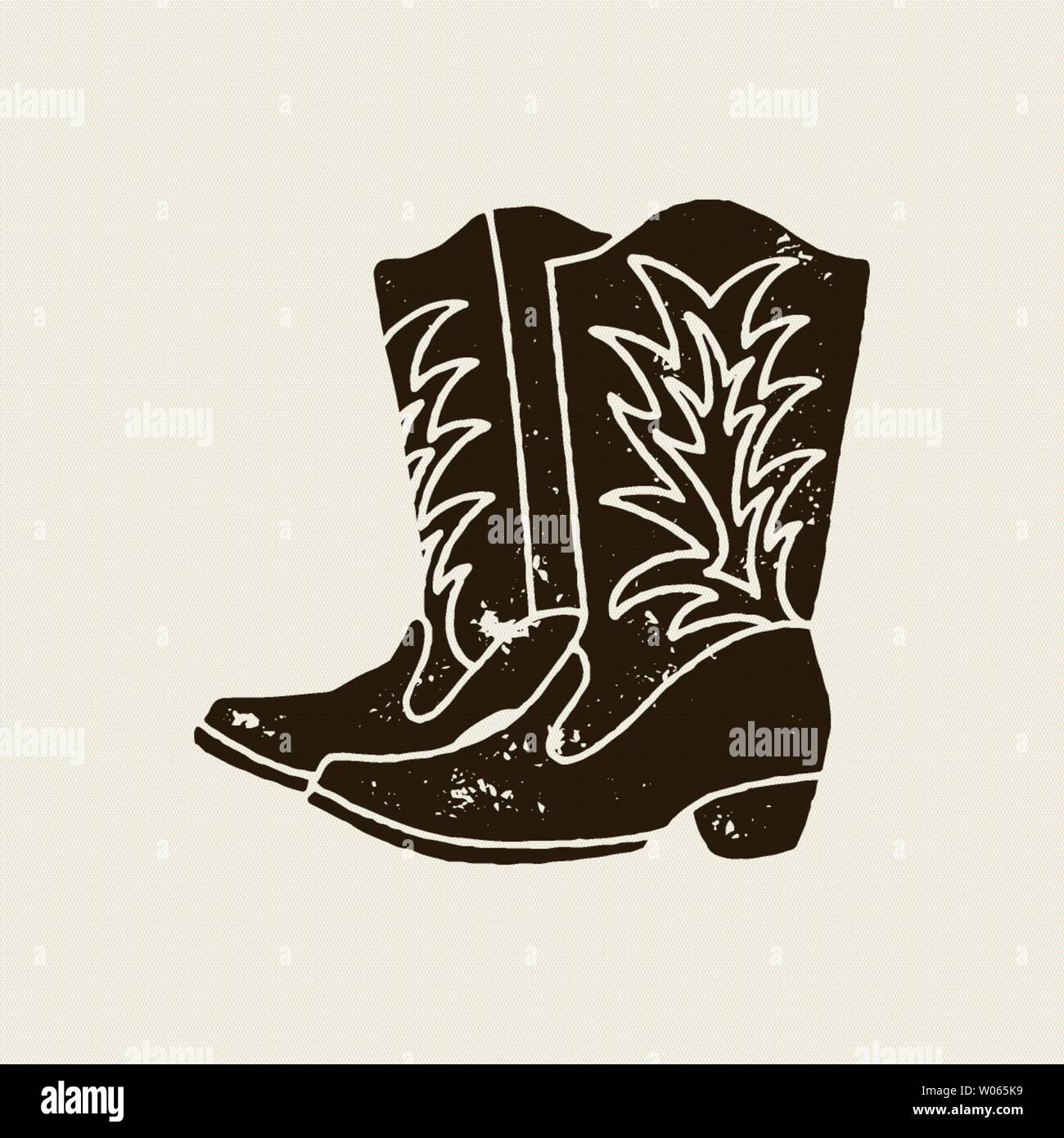 Vector hand draw illustration de bottes de cow-boy en style rétro. Icon isolé sur fond blanc. L'élément de conception pour l'affiche, flyer, carte postale, web desig Illustration de Vecteur